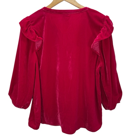 Cato Velvet Peasant Top Pink Ruffle Trim Smocked Neckline Black Tie Closure L - Picture 3 of 10